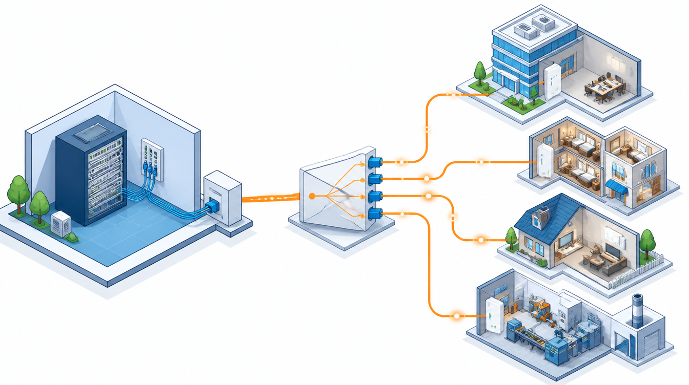 ภาพแนวคิดโครงสร้างระบบ PON FTTX ตั้งแต่ OLT ไปยัง Splitter และ ONT ปลายทาง
