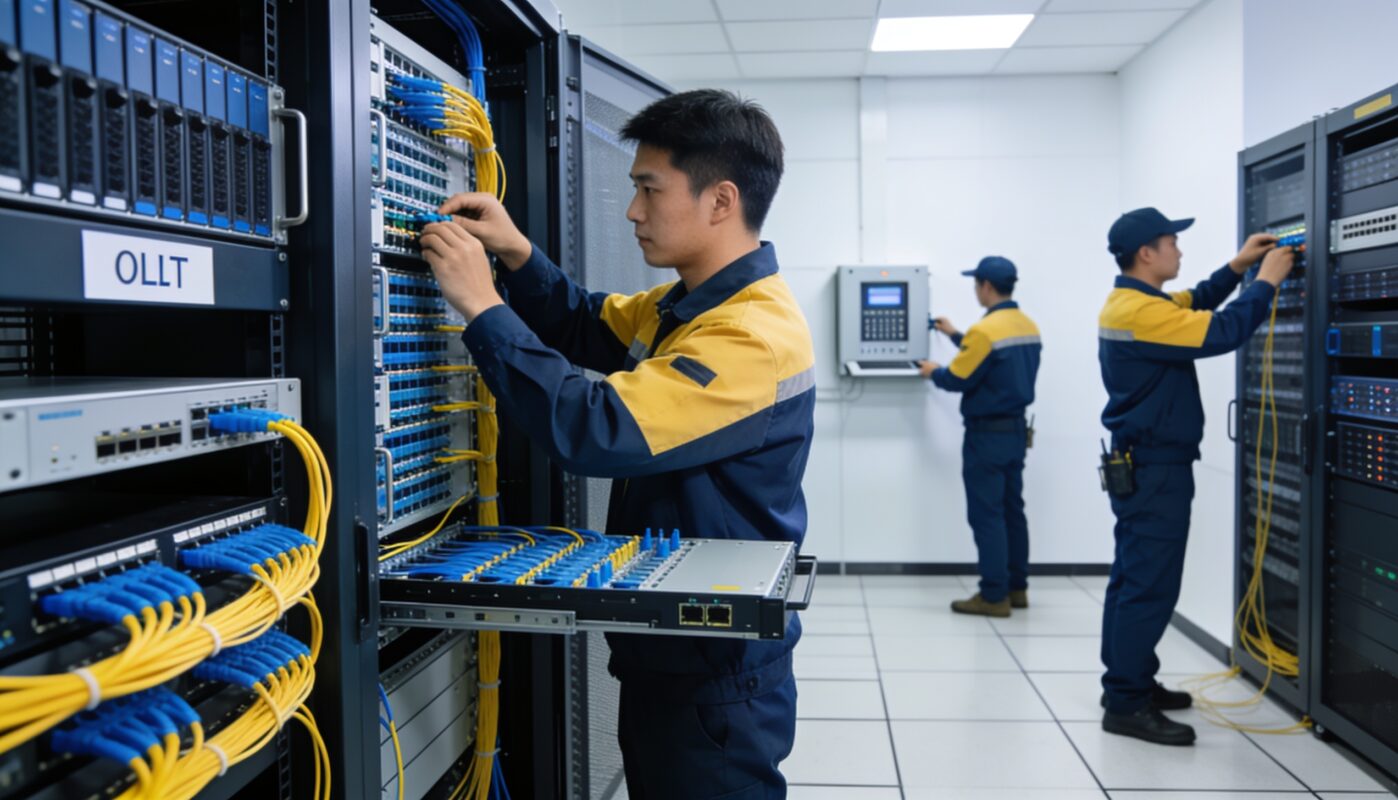 ระบบ PON FTTX ห้อง OLT และอุปกรณ์ไฟเบอร์ในห้องเซิร์ฟเวอร์สำหรับธุรกิจ