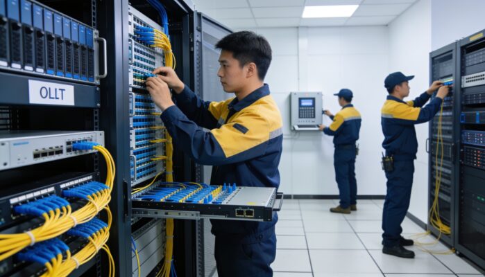 ระบบ PON FTTX ห้อง OLT และอุปกรณ์ไฟเบอร์ในห้องเซิร์ฟเวอร์สำหรับธุรกิจ