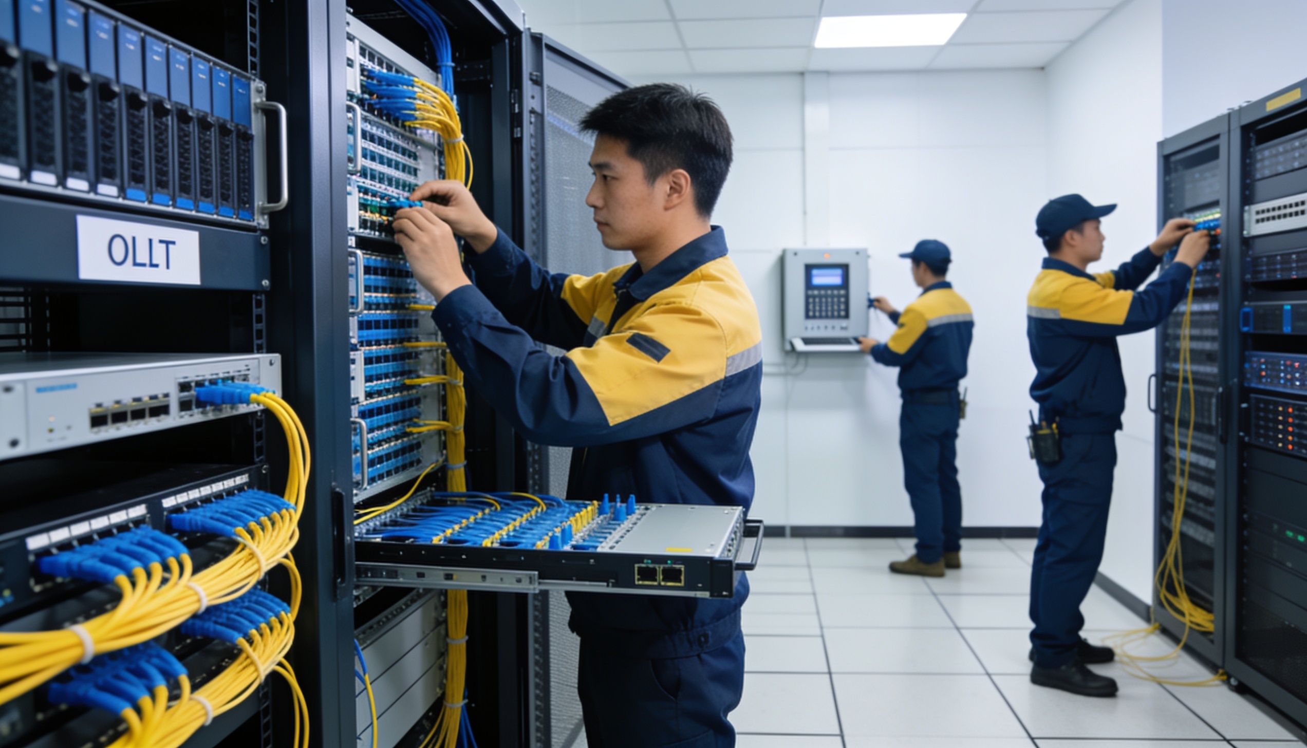 ช่างกำลังติดตั้งระบบ OLT และสายไฟเบอร์ในห้องเซิร์ฟเวอร์สำหรับระบบ PON FTTX