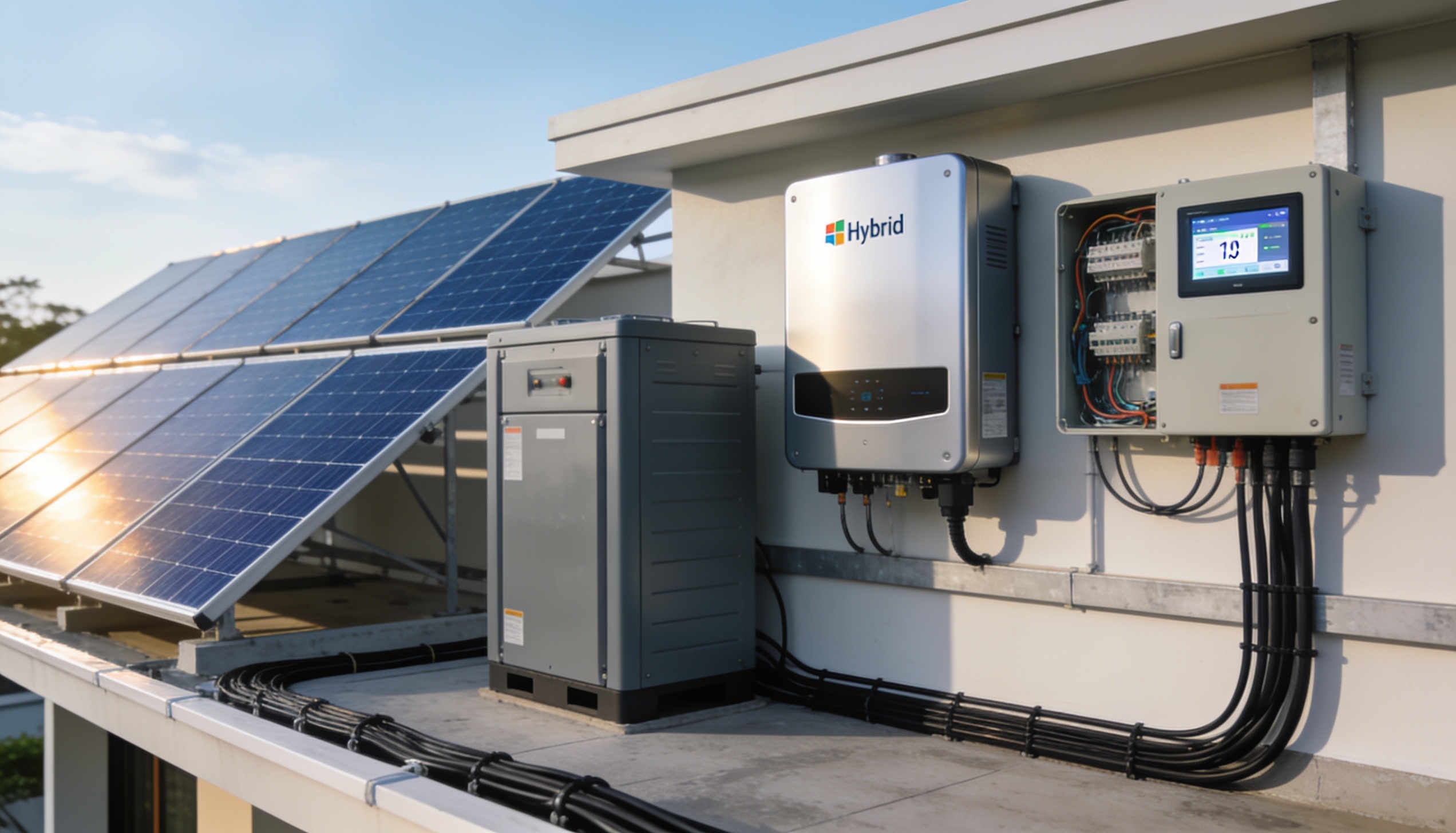 ระบบ Solar Cell Hybrid พร้อมอินเวอร์เตอร์ แบตเตอรี่สำรองไฟ และระบบจัดการพลังงาน