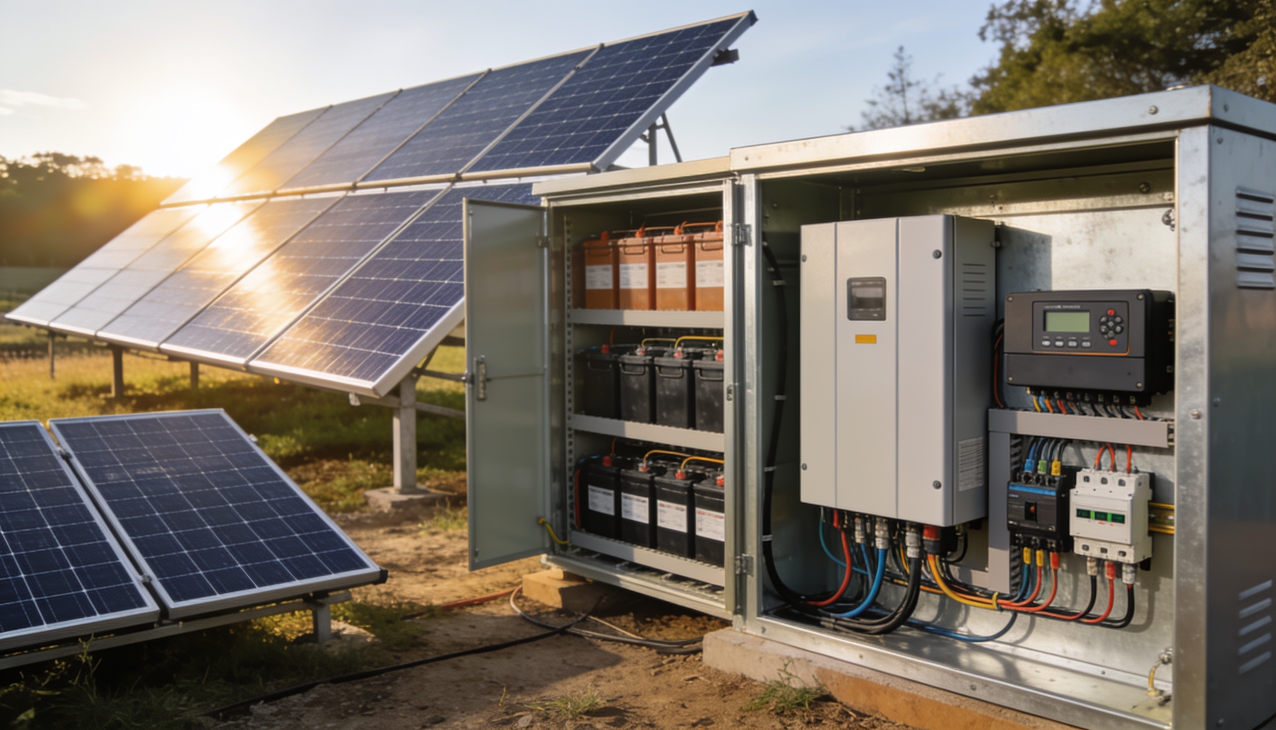 ระบบ Solar Cell Off-grid พร้อมแผงโซลาร์ แบตเตอรี่ อินเวอร์เตอร์ และตู้ควบคุมไฟฟ้า