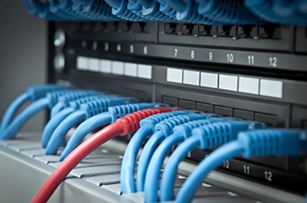 สาย LAN ที่ต่อเข้ากับ Patch Panel ในตู้แร็ค